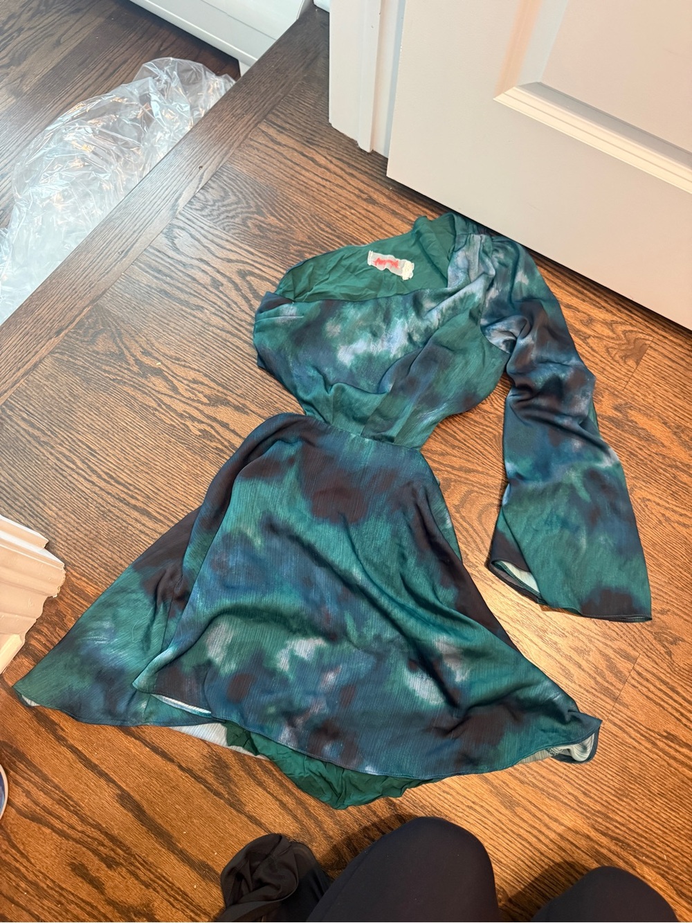 Free People Teal & Forest One-Shoulder Satin Wrap Dress